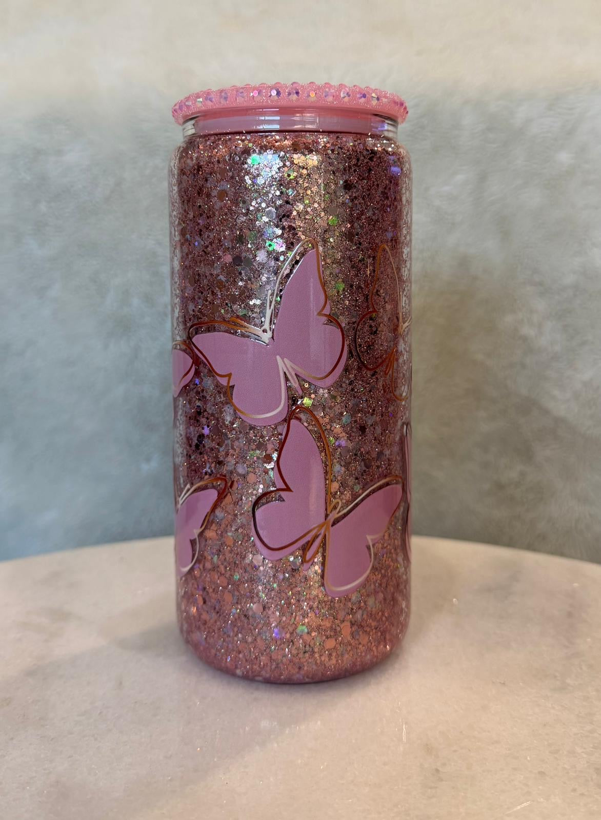 20oz glass polyacrylic gold&pink butterfly tumbler