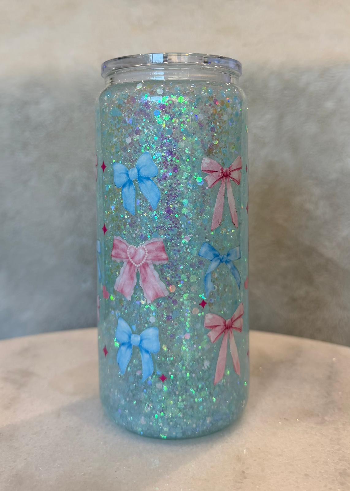 20oz glass blue bow snowglobe