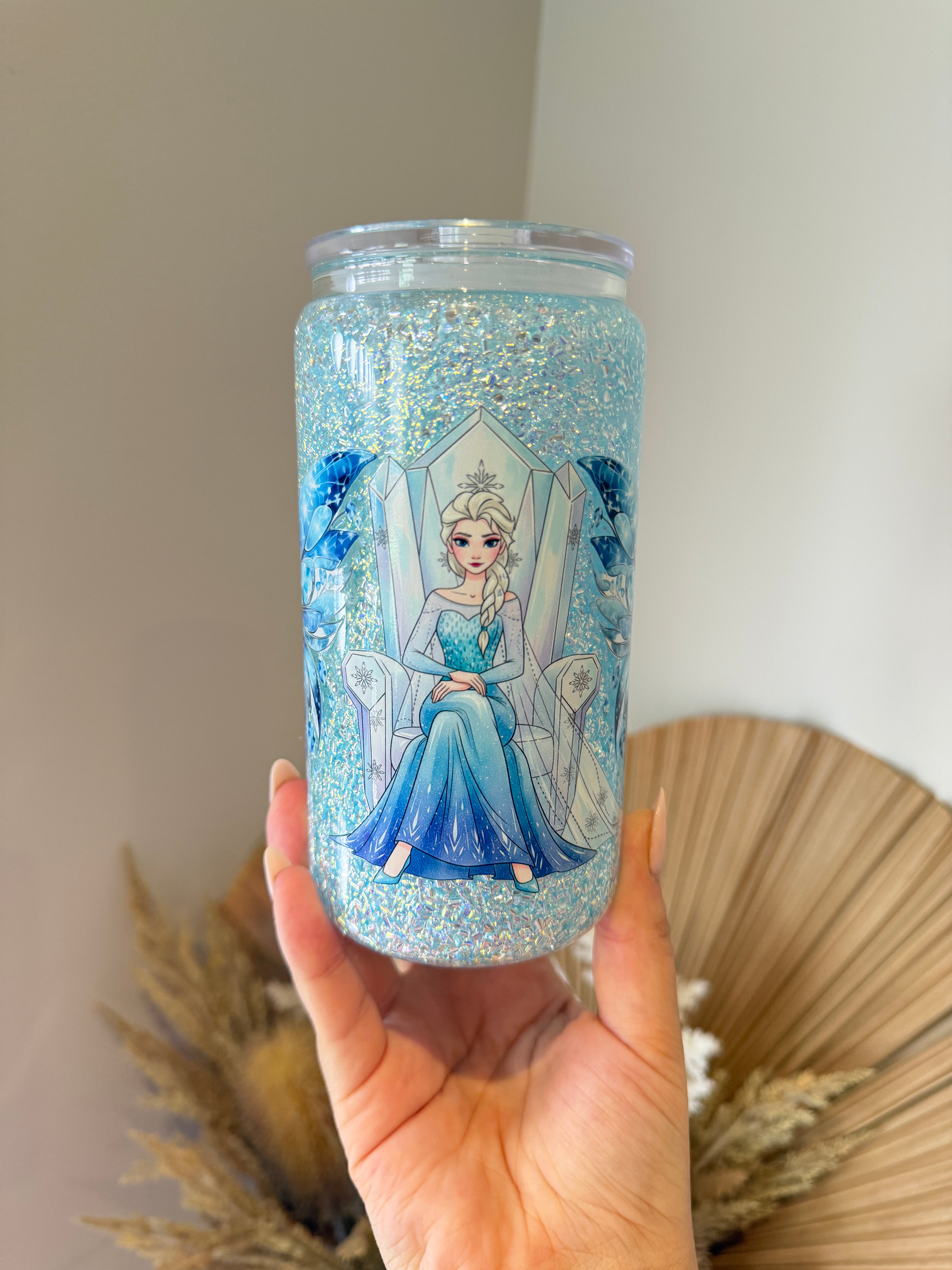 16oz glass Elsa snowglobe tumbler
