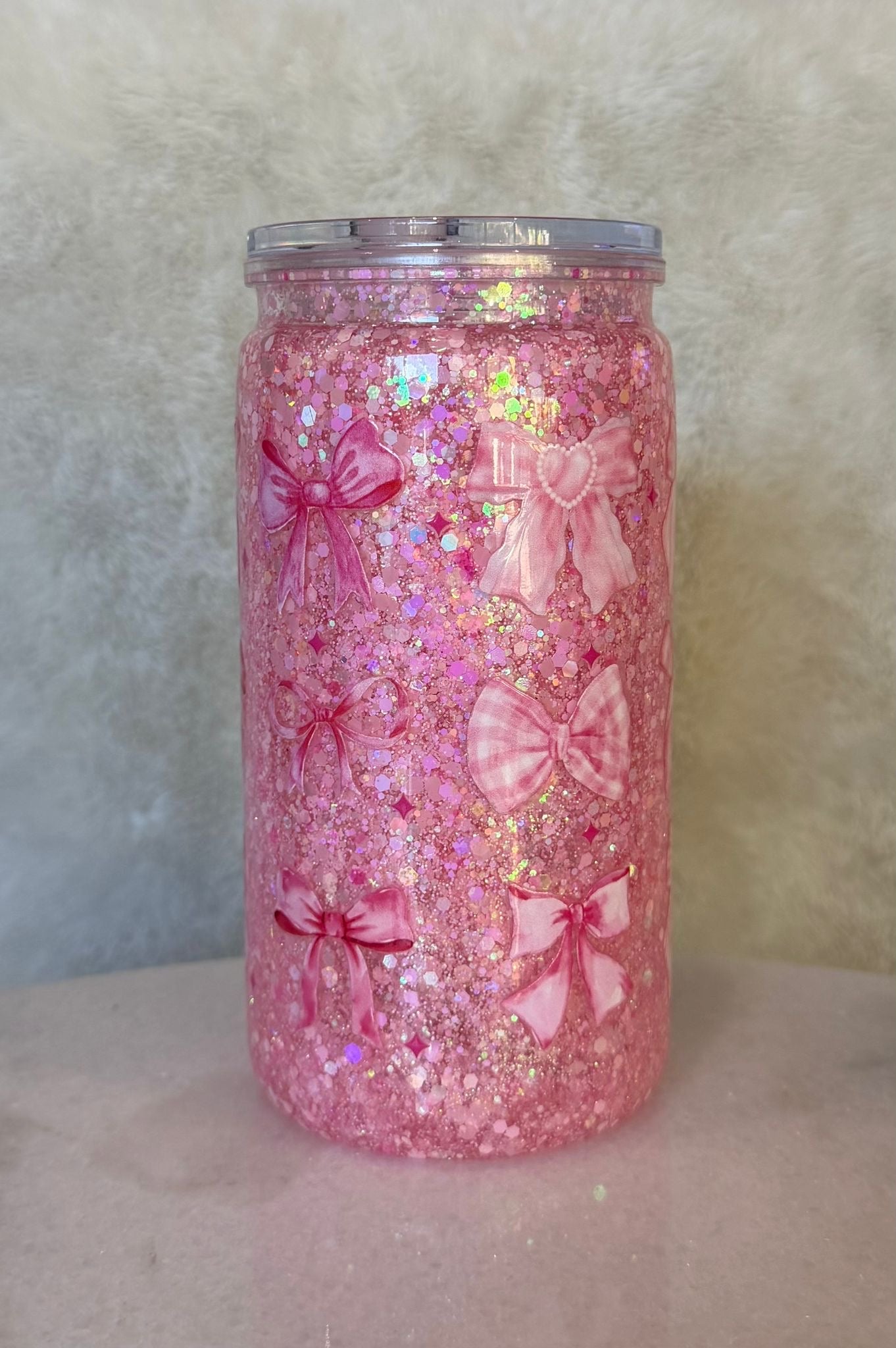 Pink 16oz acrylic bow snow globe
