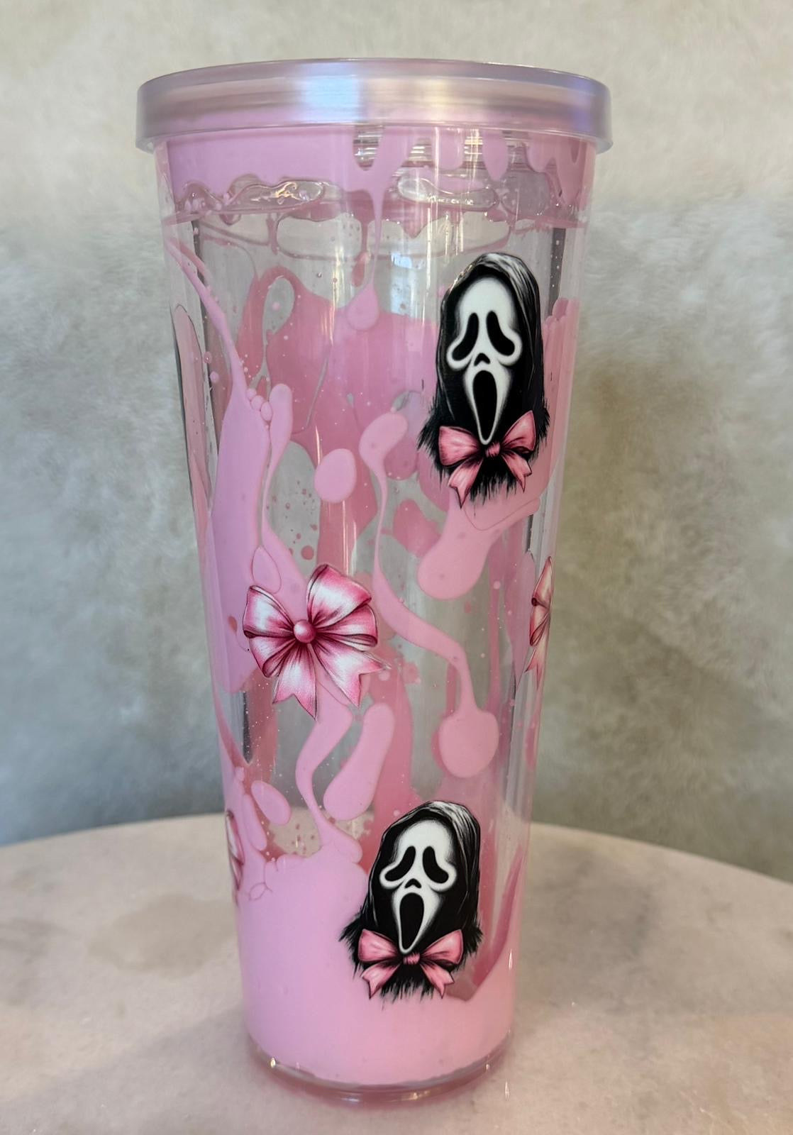 24oz acrylic ghost face pink lava drip