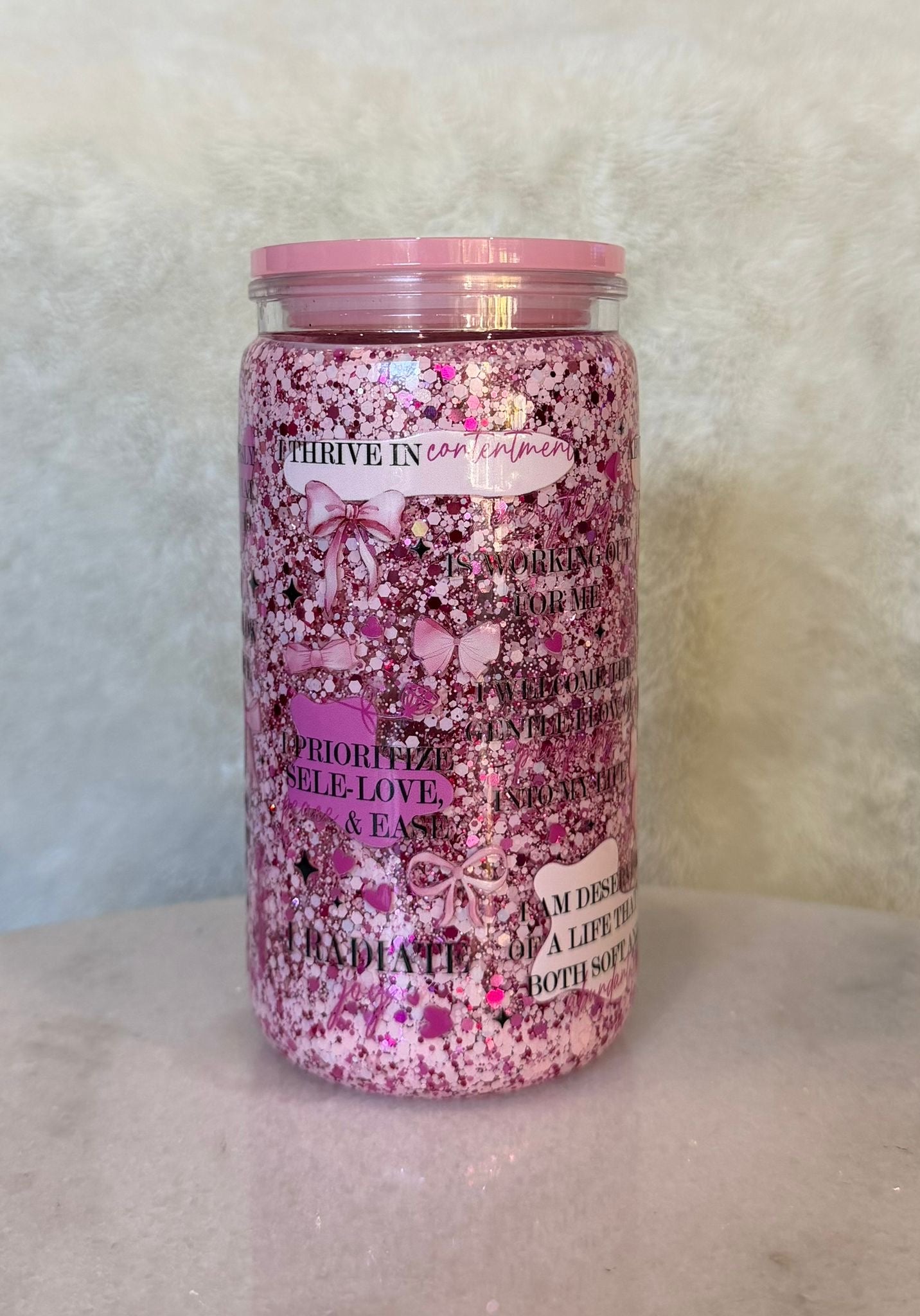 16oz pink acrylic affirmations snow globe